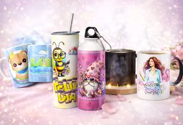Custom sublimation mugs and tumblers with colorful cartoon designs for gifts and events.