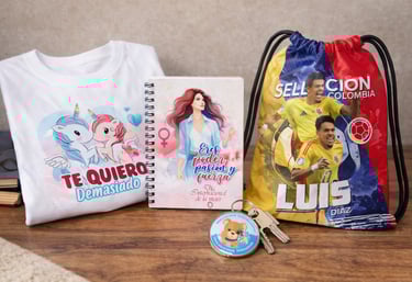 Custom personalized gifts including a unicorn t-shirt, women's notebook, and Luis Diaz Colombia drawstring bag.
