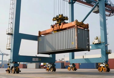 A high-capacity industrial crane moving metal containers at a modern shipping terminal, industrial grey and teal tones, Global / Industrial B2B, daytime lighting, showcasing efficient trade operations.