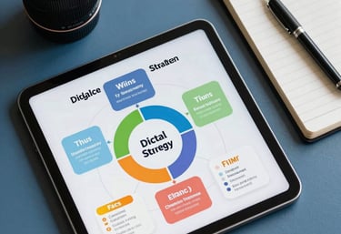 A top-down shot of a digital strategy map on a tablet next to a professional notebook and an ink pen on a blue desk.