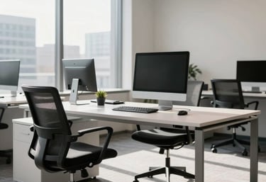 A modern, sunlit North American office space with a clean desk, a designer chair, and high-end tech, representing a premium professional environment.