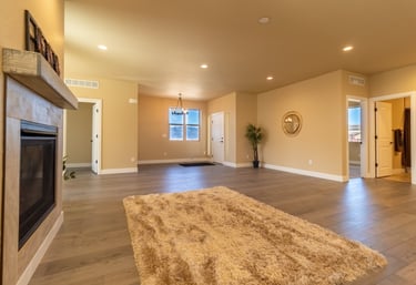 a living room with a fireplace