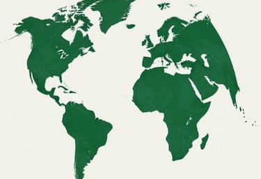 An abstract, premium graphic of a map highlighting in deep forest green (#1A4D2E) on a clean, light sage (#A3BFB0) background.