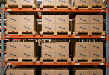 Industrial warehouse shelves filled with organized screws and fasteners under bright lighting.