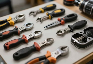 High-quality photography of professional tools organized neatly, reflecting a meticulous and high-standard work culture in the US.