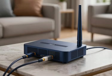 A comfortable North American / US living area with a focus on a fiber-optic modem and deep navy decorative elements.