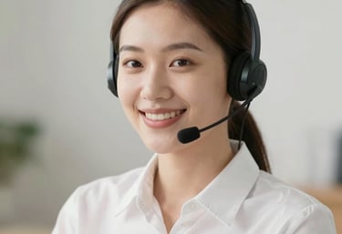 Smiling customer service representative wearing a headset ready to assist