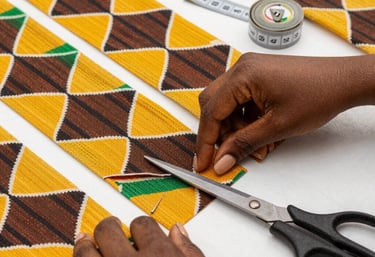 A close-up of hands sewing delicate fabric, surrounded by colorful threads and sketches of fashion designs.