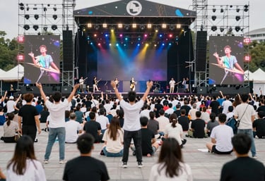 A corporate event with guests networking in a modern venue.