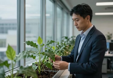 A professional North American / US workplace setting showing a plant growing next to a clean glass window, symbolizing sustainable growth and steel blue tones.
