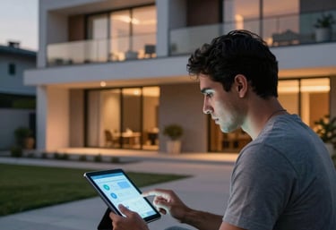 Un usuario en Latinoamérica usando una tableta para controlar la iluminación inteligente de su hogar durante el anochecer, con una vista de arquitectura moderna y sofisticada.