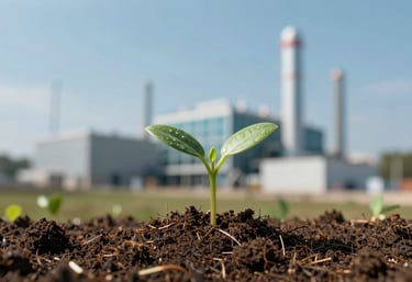 A close-up of a seedling growing out of dark, rich soil with a modern carbon capture facility blurred in the background, utilizing #1B3A32 and #B0C8BE.