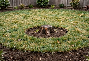 A wide shot of a clean backyard in the US. A flat patch of soil and pale green grass shows where a stump was removed. Professional and tidy finish.