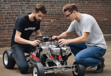 An engineering team collaborating over a gokart engine for the mods...