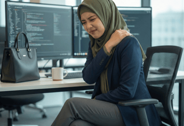 A Malay woman wearing a hijab holding her shoulder in pain