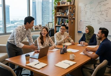 A group of cheerful executives sitting around a meeting table joking and laughing