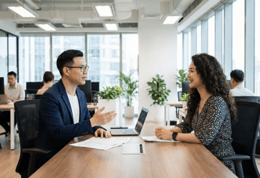 A male manager and white tee shirt having a performance review with  his female subordinate