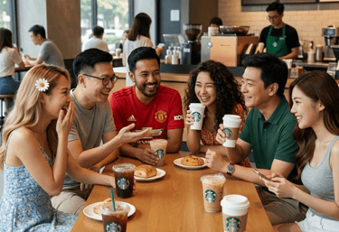 A group of office executives in their casual clothes sitting in s Starbucks having coffee together.