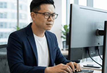 A middle aged Chinese man wearing dark framed spectacles squinting at his monitor