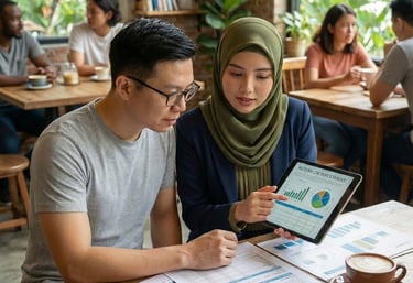 A Malay lady financial advisor providing financial advice to a Chinese man wearing spectacles.