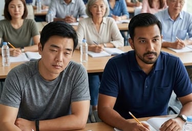 A Chinese man in his 30s sits next to his friend a Malay middle aged man with a beard