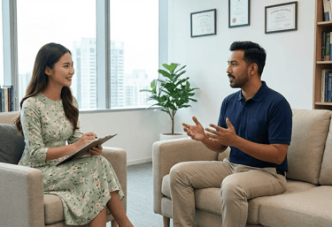 A lady psychiatrist in a consultation session with a Malay man.