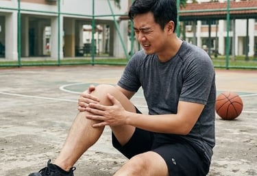 A Chinese man in his 30s sitting on the basketball court holding his knees in pain
