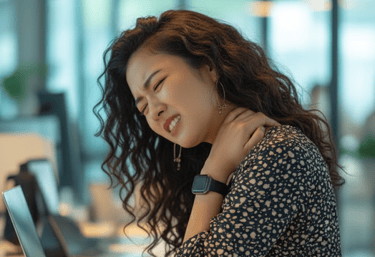A Chinese woman with frizzy curls holding her shoulder with one hand and wincing in pain
