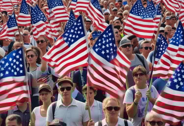 A group of proud supporters at a spirited rally waving American flags under a clear blue sky.