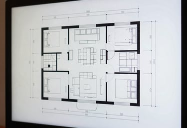 Technical architectural drawing of a kitchen floor plan displayed on a high-resolution screen, clean lines and professional detail.