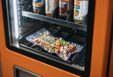 Detailed view of the dispensing tray of a vending machine showing a fresh, vacuum-sealed healthy meal and protein bar. The aesthetic is clean and industrial with orange accents, suited for Oceania / Australian sites.