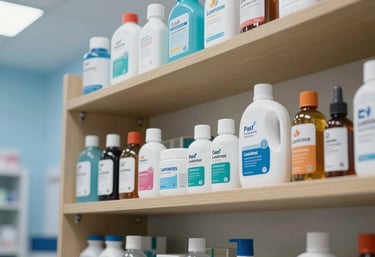 A clean and organized shelf with pet care products in a modern Latin American / Spanish veterinary lobby, with soft sky blue lighting.