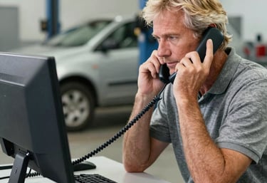 A friendly customer service representative assisting a client over the phone.