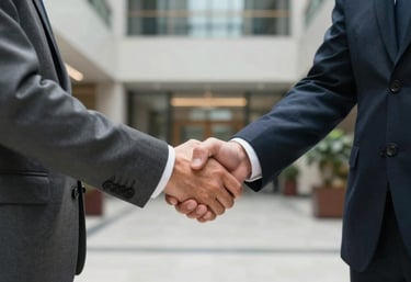 A professional handshake between two business leaders in a corporate lobby, focusing on the detail of professional attire and a sophisticated North American urban setting in the background.