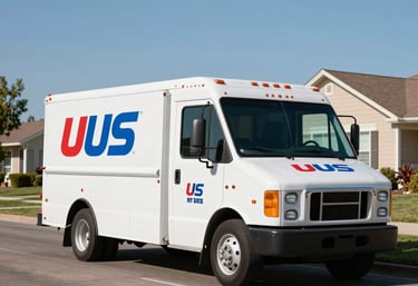 A service truck with red and blue company logos parked on a suburban residential street in Colorado Springs, clear sunny day, North American / US.