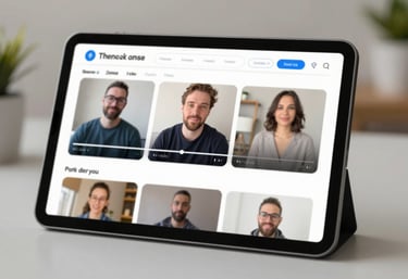 An tablet display showing an educational streaming platform dashboard with video progress bars, clean and modern.