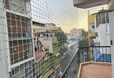 Close-up of a securely installed pigeon net on a Jayanagar balcony, sunlight filtering through.