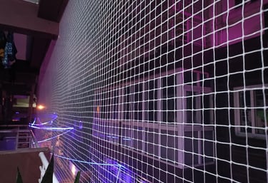 Technician carefully fitting a pigeon net around a window frame in a Bengaluru apartment.