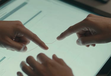 A close-up of two hands in a professional North American / US setting collaborating on a digital interface, soft lighting with seafoam green and mint white tones.