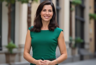 Elegant office space with emerald and gold accents reflecting a minimalist real estate brand.