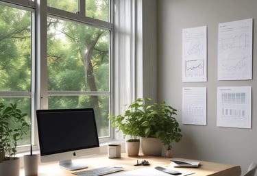 Elegant office space with emerald and gold accents reflecting a minimalist real estate brand.