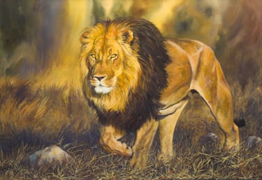 A large oil painting of a Male Black maned lion walking in a savannah background