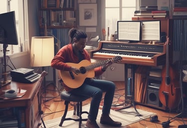 a man playing guitar in a recording studio