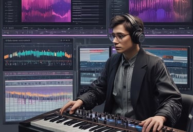 A sleek digital interface showing AI music composition tools with vibrant sound waves.