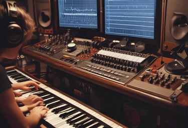 A warm studio scene with a songwriter crafting lyrics on a notepad under soft saffron-gold lighting.