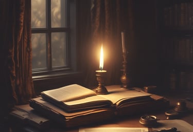 A moody desk scene with a vintage typewriter, scattered pages, and soft pink and purple lighting casting shadows.