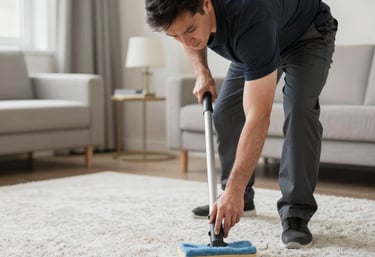Close-up of a professional cleaning a colorful rug with specialized equipment in a bright living room.