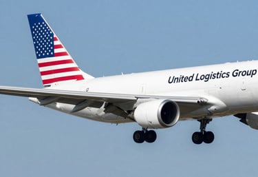 An airplane taking off from Miami airport with freight containers ready for air shipment.