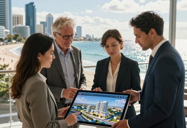 A group of professionals discussing a property development plan over blueprints.