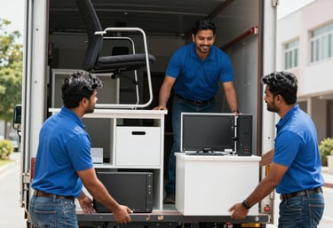 A bright orange and blue moving truck loaded and ready to depart from a home driveway.